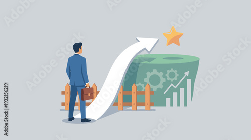 Businessman with briefcase looking at a rising white arrow pointing towards a glowing gold star, representing career path, success, achievement, business growth, and strategic vision concept.