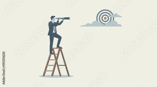 Professional businessman on ladder looking through telescope at target in clouds. Minimalist flat vector illustration for business vision, strategy, career goals, and future growth planning.