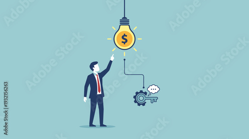 Businessman pointing at a hanging light bulb with a dollar sign symbol representing a profitable business idea and financial solution with gear and key icons for success and innovation concept.