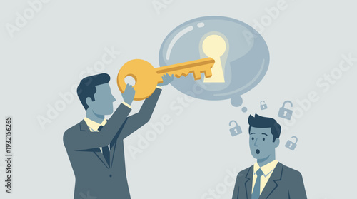 Professional businessman using a golden key to unlock a colleague's mind via a thought bubble keyhole, conceptual illustration for coaching, mentoring, psychological insight, and discovery.