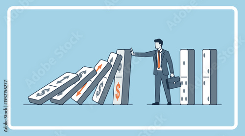 Businessman Stopping Falling Dominoes with Dollar Signs to Prevent Financial Crisis, Illustrating Risk Management, Economic Stability, Corporate Intervention, and Strategic Business Success