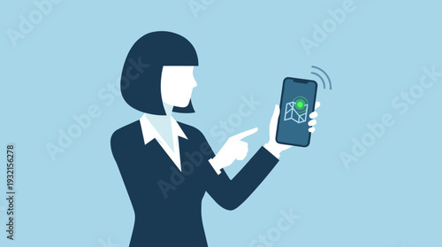 Businesswoman Using Virus Tracking Application on Mobile Phone for Contact Tracing and Location Monitoring, Simple Flat Vector Illustration for Digital Marketing and Health Safety Campaigns.