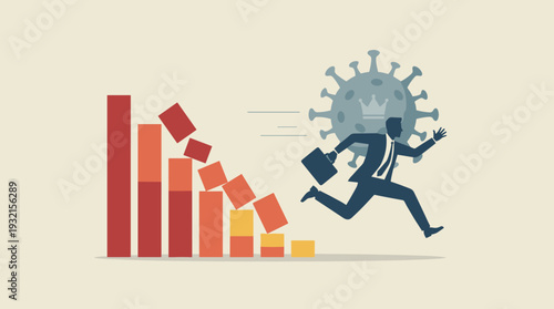 Businessman Running in Panic from Collapsing Bar Chart and Coronavirus Pathogen Representing Global Economic Recession, Financial Crisis, Stock Market Crash, and Pandemic Impact on the Economy