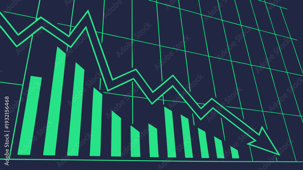 Naklejka premium A digital, minimalist illustration of a downward-trending financial graph. It features a dark blue background with a bright green grid and elements.
