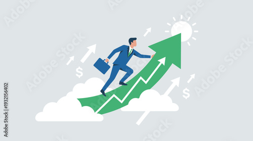 Businessman in suit climbing a green rising arrow towards the sun, representing stock market growth, financial success, career achievement, profit increase, and economic prosperity concept.