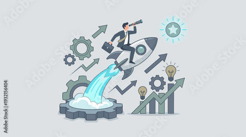 Startup and successful innovation business launch concept with a businessman riding a flying rocket towards a star. Visionary leader with telescope, gears, lightbulbs, and growth charts for goal.