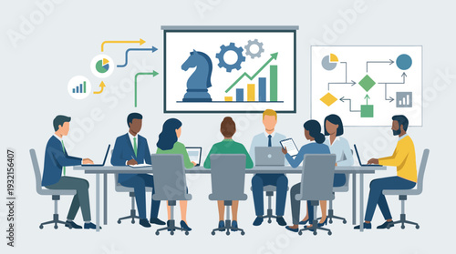 Diverse group of business professionals in a corporate meeting room collaborating on strategic planning and data analysis, featuring charts, gears, and a chess piece on a presentation screen.