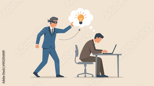 Businessman in Mask Stealing Creative Idea or Lightbulb from Another Employee Working on Laptop, Plagiarism and Intellectual Property Theft Concept, Corporate Piracy and Infringement Design.