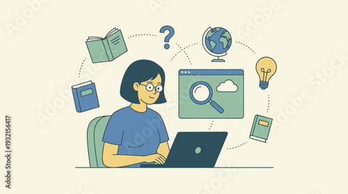 Young woman using laptop for online research and information searching, surrounded by educational icons like books, globe, lightbulb, and magnifying glass, flat vector illustration for e-learning.