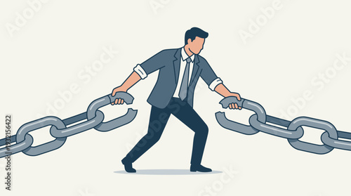 Businessman in a Professional Suit Trying to Hold a Broken Metal Chain Together, Concept of Fixing a Broken Link, Strength, Resilience, and Problem Solving in Business, Flat Vector Illustration