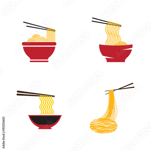 Japanese street food theme Asian Noodle Bowl Icon Set with Chopsticks Vector