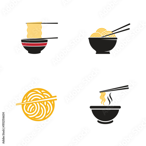 Ramen restaurant branding Noodle Bowl Icon Set with Chopsticks Vector