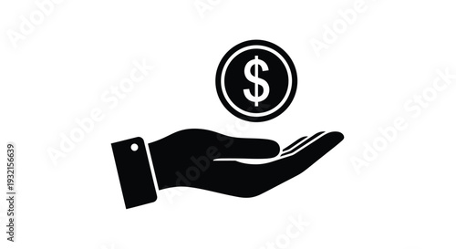 Simple black and white icon depicting an open human hand carefully receiving or offering a floating dollar coin symbol for finance concepts.