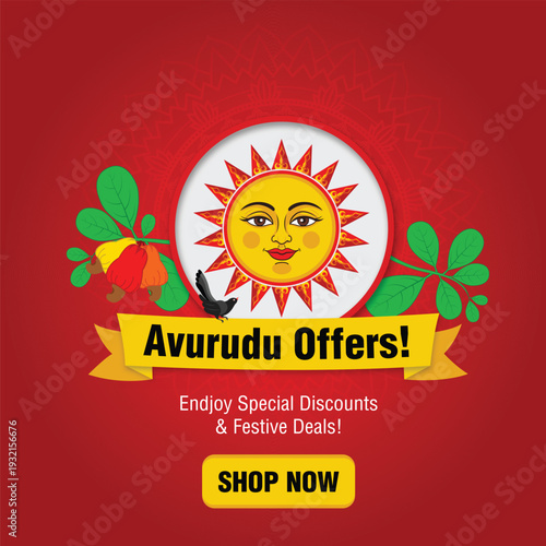 Avurudu Offers Sale Banner for Sinhala Tamil New Year with Traditional Sun and Red Background