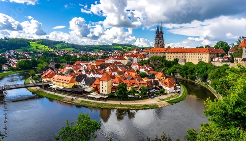 Picturesque European town, nestled along a riverbank, boasting historic architecture