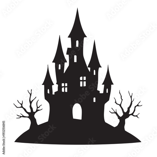 Spooky Haunted Castle Silhouette with Dead Trees Vector