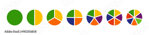 Multicolored pizza charts. Pies segmented on from 1 to 7 equal parts. Multicoloured diagram infographics. Circle section graph. Wheels divided in sections. Loading bar mockup. Pie, pizza chart layout.