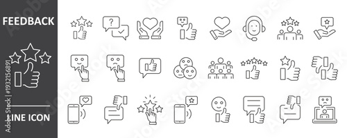 Feedback Plan Thin Line Icon Set – Customer Review, Survey, Rating and Social Media Outline Symbols Vector EPS