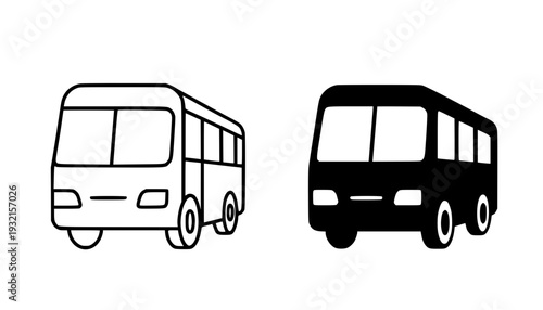 Minimalist bus icon, black and white, in outline and silhouette design style