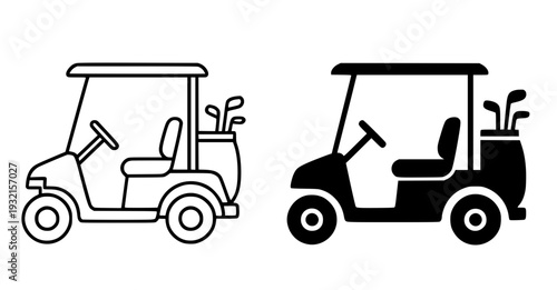 Minimalist golf cart icon, black and white, in outline and silhouette design style