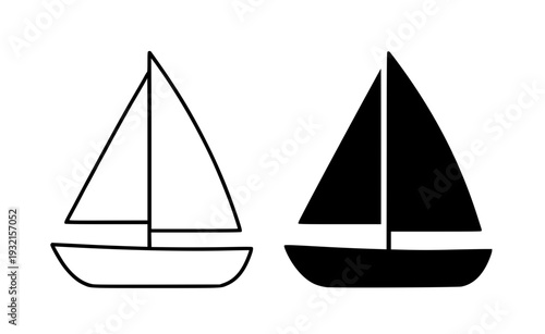 Minimalist sailboat icon, black and white, in outline and silhouette design style.