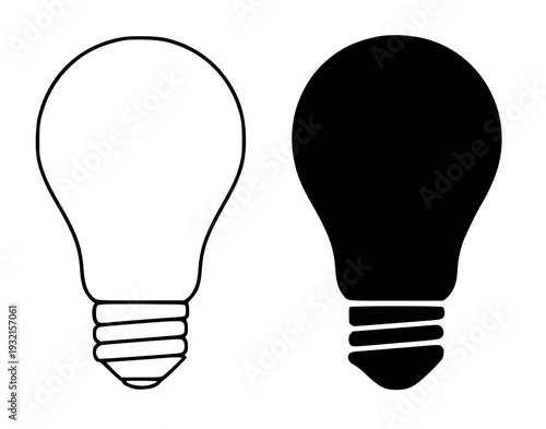 Minimalist light bulb icon, black and white, in outline and silhouette design style.