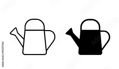 Minimalist watering can icon, black and white, in outline and silhouette design style