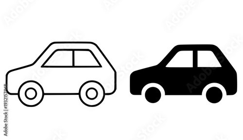 Minimalist car icon, black and white, in outline and silhouette design style