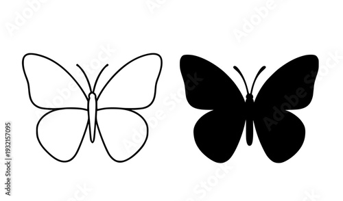Minimalist butterfly icon, black and white, in outline and silhouette design style