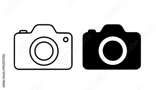 Minimalist digital camera icon, black and white, in outline and silhouette design style