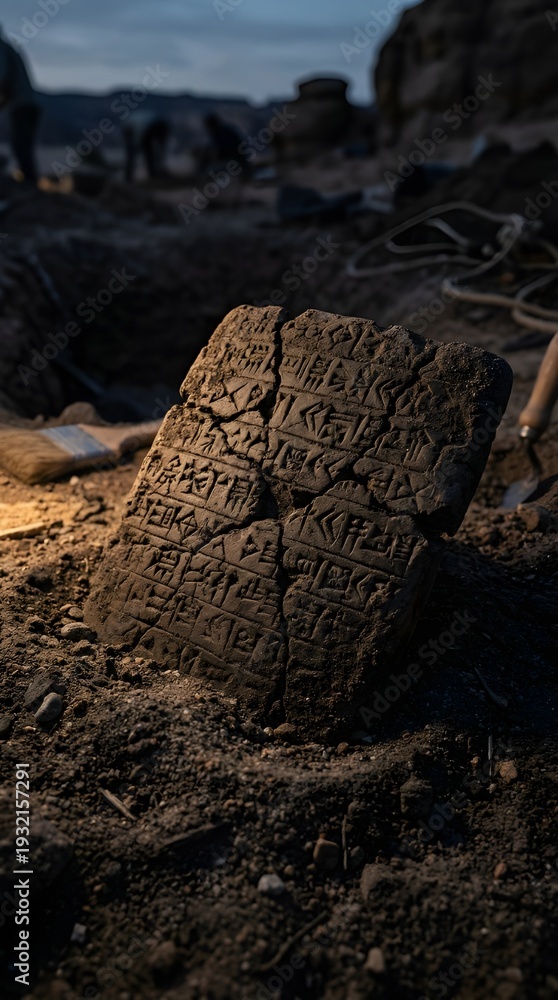 Fototapeta premium Ancient Cuneiform Clay Tablet Standing in Archaeological Dig Site During Sunset Historical Artifact from Ancient Civilization Representing Heritage and Archeological Research