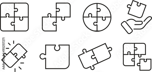 Puzzle Pieces Icon Set – Jigsaw Outline Icons Isolated on White Background Vector EPS