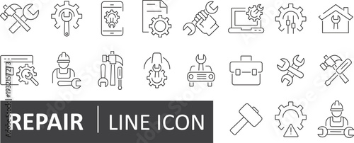 Repair Line Icon Set – Editable Stroke Maintenance, Wrench, Service and Tools Vector EPS , wrench, fixing, service, tools, repairman, engineer, troubleshoot - stock vector..eps