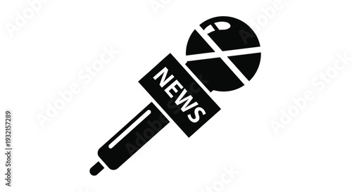 Simple black and white icon representing a reporter's microphone with the word news clearly displayed on the flag.