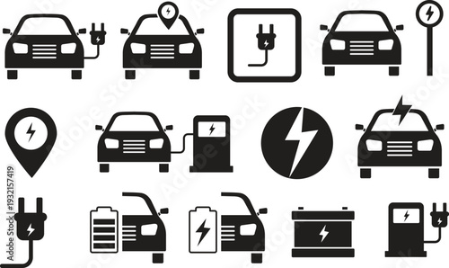 Electric Car Charging Icon Set – EV Station, Plug, Hybrid and Green Energy Vehicle Symbols Vector EPS