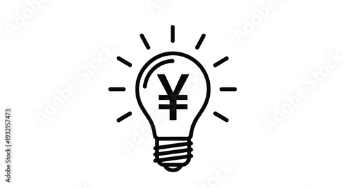 Black and white minimalist line art icon illustrating a bright idea linked to financial prosperity represented by the yen currency symbol.