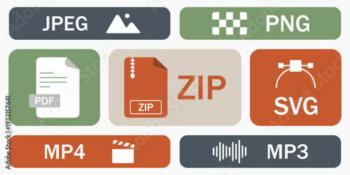 File format bento grid illustration. Rounded modular tiles featuring JPG, PNG, SVG, MP3, MP4, PDF and ZIP icons with large central ZIP folder tile as focal point.