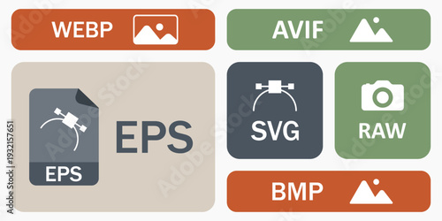 Professional file format bento grid illustration. Modular rounded tiles showing WEBP, AVIF, EPS, SVG, BMP and RAW icons with large EPS file tile. Flat editorial vector dashboard graphic.