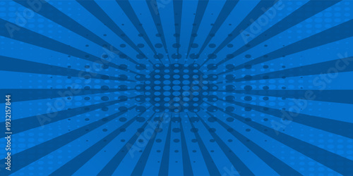 Blue comic zoom background with halftone dots and radial sunburst rays. vector illustration