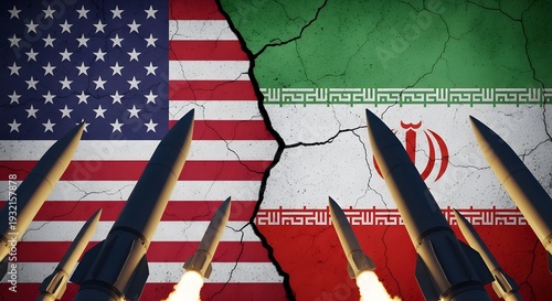 Flags of the United States and Iran divided by a line of tension, while missiles are launched into the air.