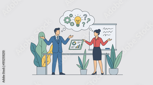 Businessman and businesswoman collaborating in an office, brainstorming new ideas with a lightbulb and gears in a thought bubble, discussing data analysis and strategic business planning.