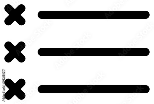 A minimalist black list icon featuring three horizontal bars and cross marks. Ideal for symbolizing errors, rejected tasks, or negative results in business apps and web design interfaces.