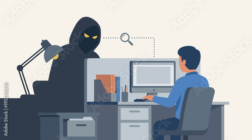 Cyberstalking and Workplace Surveillance Concept Illustration with a Man Working at a Computer Desk While a Dark Hooded Figure with Glowing Eyes Watches Him Through a Magnifying Glass Icon.