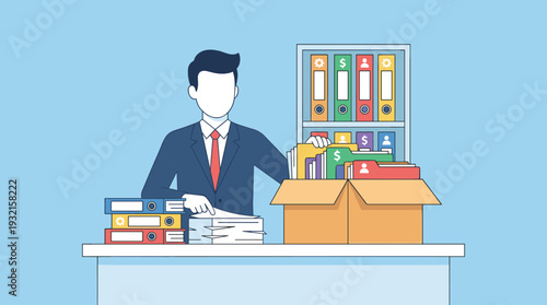 Business Document Management and Office Organization Concept. Flat Vector Illustration of a Professional Businessman Sorting Files, Folders, and Binders for Efficient Workflow and Administration.