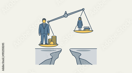 Gender Inequality and Pay Gap Concept with Man and Woman on Unbalanced Scale over Chasm Representing Social Unfairness, Career Disparity, and Financial Injustice in Modern Society Illustration