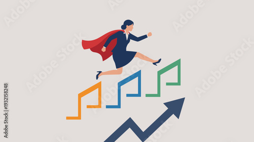 Businesswoman Superhero with Red Cape Jumping Over Obstacles and Barriers to Achieve Success, Career Growth and Professional Development Concept, Overcoming Challenges and Reaching Goals Illustration