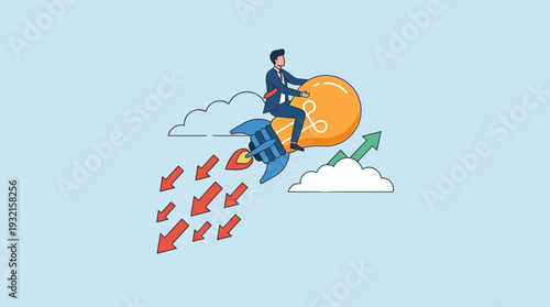 Businessman Riding Lightbulb Rocket to Overcome Economic Crisis and Recession, Creative Idea for Business Survival, Innovation Strategy for Growth and Recovery from Financial Difficulty Vector