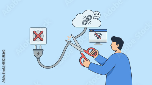 Man Cutting Electric Wire with Scissors Representing Internet Disconnection, Power Outage, 404 Error Page Not Found, Broken Link, No Wifi Signal, Digital Detox Concept, and Technical Failure