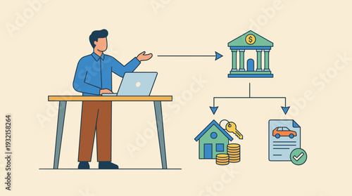 Man Using Laptop to Manage Online Banking for Mortgage and Car Loan Payments, Vector Illustration of Financial Planning, Debt Management, and Bank Transfers for Real Estate and Vehicle Credit