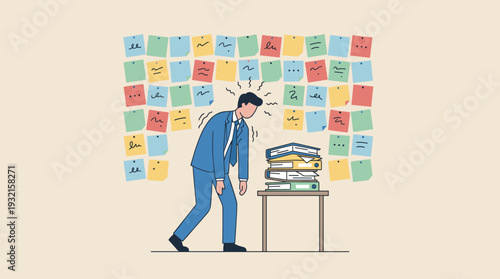 Stressed businessman or office worker feeling overwhelmed by heavy workload, standing by desk with folders and wall full of colorful sticky notes and reminders, professional burnout concept.